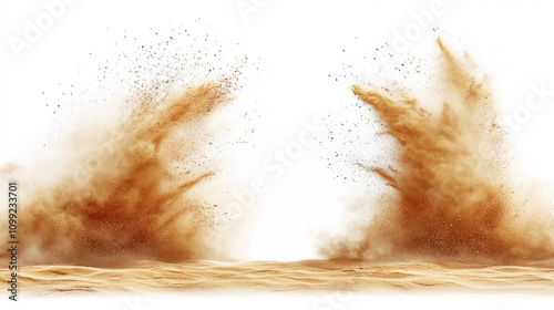 Blur Defocus image of Small Fine Sand flying explosion, Golden grain wave explode blow. Abstract sands cloud. Yellow colored sand splash up in Air. White background Isolated high speed shutter freeze