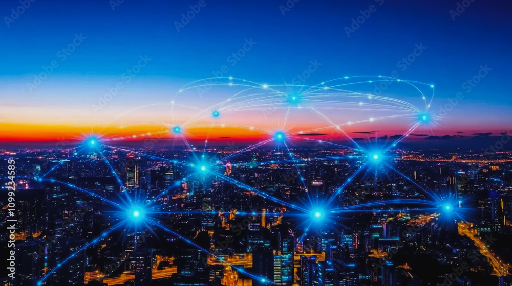 Obraz premium Smart digital Innovation city with connection network reciprocity over the sunset cityscape. of future wireless digital city and social media networking systems that connects people with in city