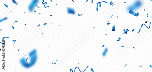 Blue confetti and ribbon, isolated on transparent background
