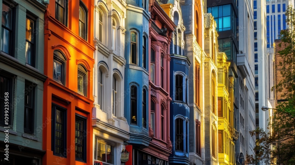 Obraz premium A vibrant city corner featuring bold, colorful buildings under the golden glow of sunset.