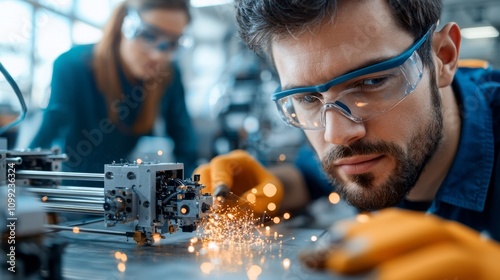 Innovative manufacturing process in a high-tech factory modern industrial setting action-packed environment close-up view technology advancements