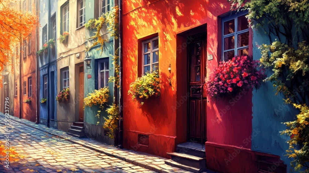 Fototapeta premium Brightly painted facades of buildings along a cobblestone street, with flowers adorning the windowsills.