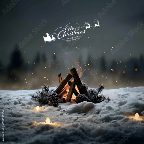 Merry Christmas in the night with campfire night backgroundd design. photo