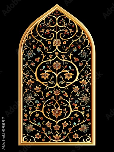 Islam window with pattern vector illustration isolated on black background. Oriental ornament, traditional Arabian design elements of decor, muslim gold frame. 