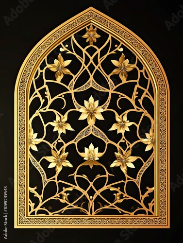 Islam window with pattern vector illustration isolated on black background. Oriental ornament, traditional Arabian design elements of decor, muslim gold frame. 