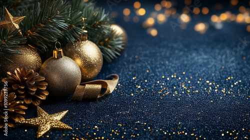 Dark blue Christmas background with fir branches and golden ornaments and a bokeh background for copy space