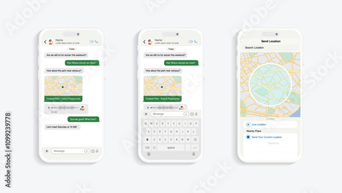 Smartphone Messaging App: Vector UI and UX Design Featuring Chat Bubbles, Dialogues, Location Sharing, and Voice Messaging. photo