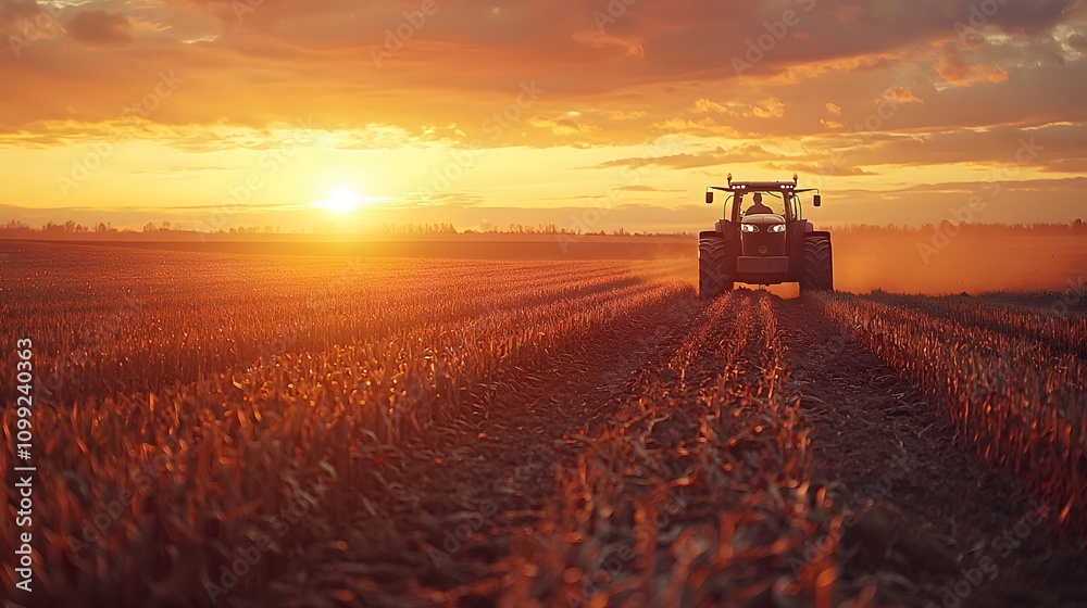 Fototapeta premium Tractor in action at sunset agricultural field countryside landscape nature photography rural serenity concept