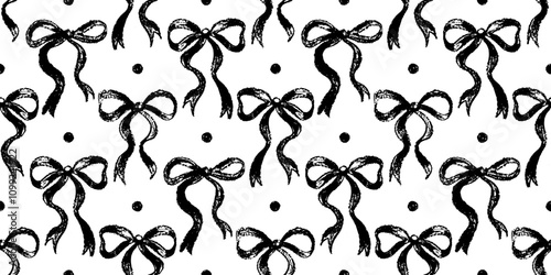 Ribbon bow seamless pattern. Vector print with white and black holiday background. Cute crayon bows. Simple charcoal small trendy ribbon for Birthday, Christmas, Halloween. Basic doodle knot pattern