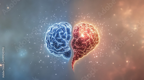 Cosmic brain and heart divided with glowing stars