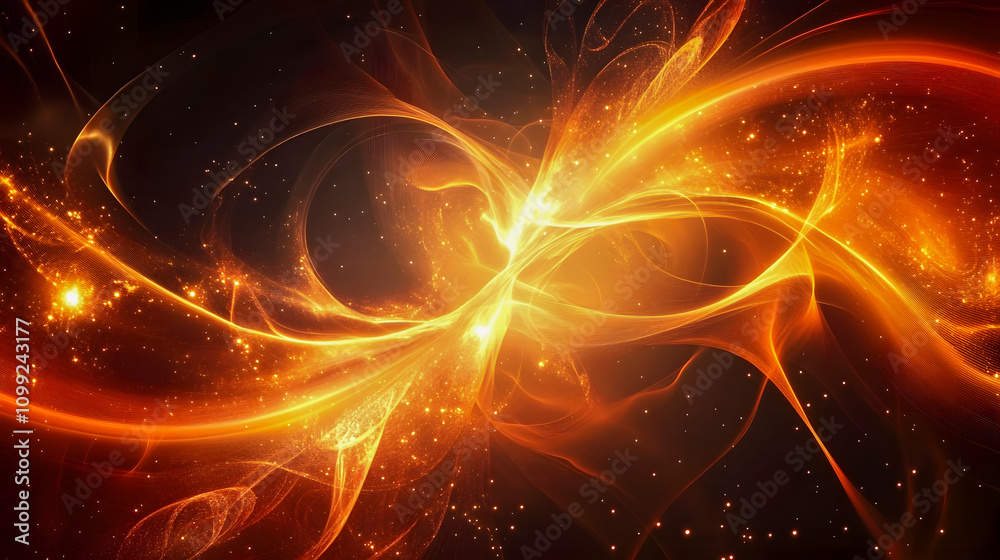 Obraz premium Vibrant Fiery Swirls of Orange and Yellow Energy with Sparkles and Stars in a Deep Space Background for Abstract Concepts and Art Designs