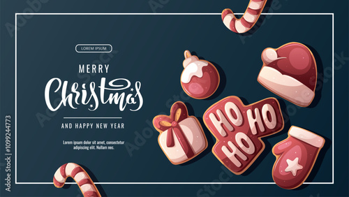 Christmas and New Year banner with gingerbread cookies in the form of Santa hat, candy cane, Christmas ball, gift, mitten. Vector illustration for greeting card, banner, poster.