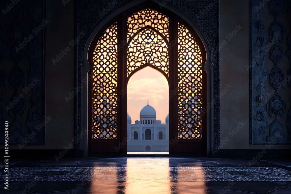 Fototapeta premium Arabic Ramadan portal, Window on modern wall background. Design creative concept of islamic celebration day ramadan kareem or eid al fitr adha, copy space text area, 3D illustration 