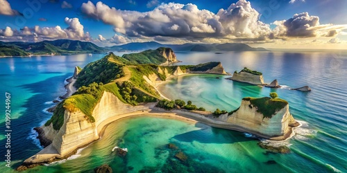 Aerial Tilt-Shift View of Cape Drastis, Corfu Island's Northwesternmost Point Showcasing Unique Geological Formations and Lush Coastal Landscapes photo