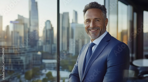 Smiling Mid-Aged Businessman in a Luxury Suit Standing by Large Window Overlooking Modern Cityscape