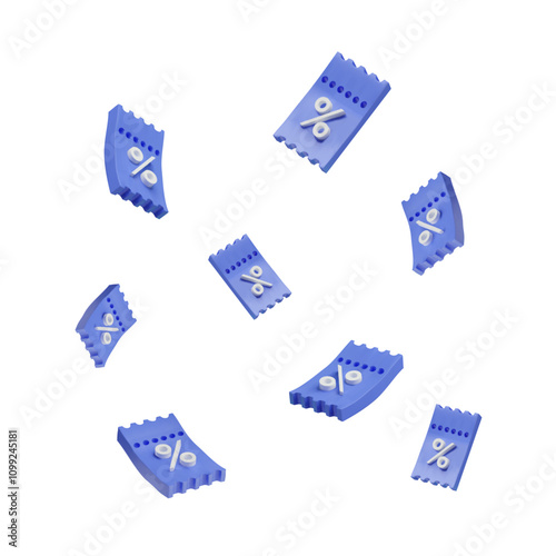 A set of 3D coupons with discount percentages and promo codes on a white background