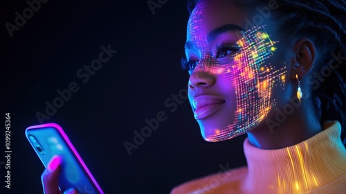 Innovative Technology Displayed Through Vibrant Digital Projections on Woman's Face Using Mobile Device