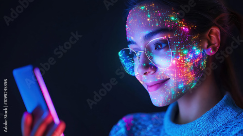 Colorful Digital Art Projection on Woman's Face Illuminates Modern Technology and Creativity