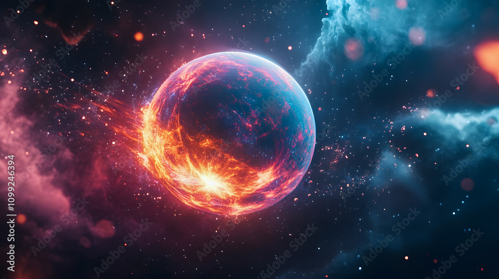 Obraz premium Fiery Celestial Body Surrounded by Colorful Cosmic Clouds and Starlit Background in a Vibrant Stellar Landscape
