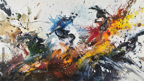 Layers of paint applied with vigorous brushstrokes and splatters in an action painting, creating a dynamic and textured surface that seems to vibrate with intensity. photo