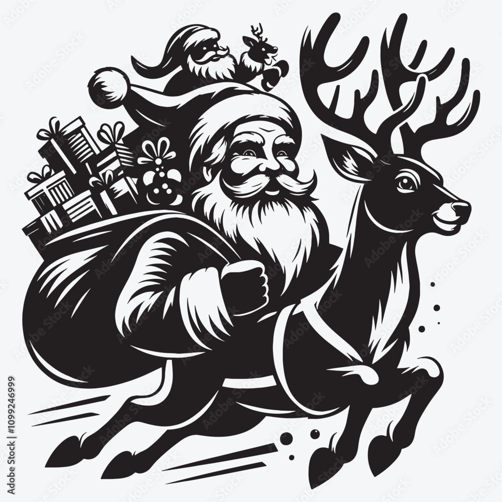 Obraz premium Santa Claus Flying in Sleigh Pulled by Reindeer Clip Art Vector illustration Isolated on White Background 