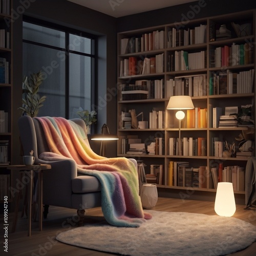 Wallpaper Mural A stylish and snug interior with a fluffy blanket on an armchair, a glowing lamp standing nearby, and bookshelves packed with colorful books, capturing a cozy lifestyle in detail --ar 3:2 --v 4 Torontodigital.ca