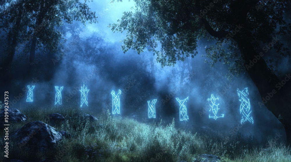Obraz premium A fantasy scene with glowing runes etched into an ancient wall, illuminated by soft, mystical blue light.