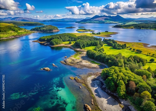 Aerial View of the Stunning Coastline of Appin Overlooking Shuna Island and the Majestic Arnamurchan Peninsula with Lush Greenery and Vibrant Waters photo