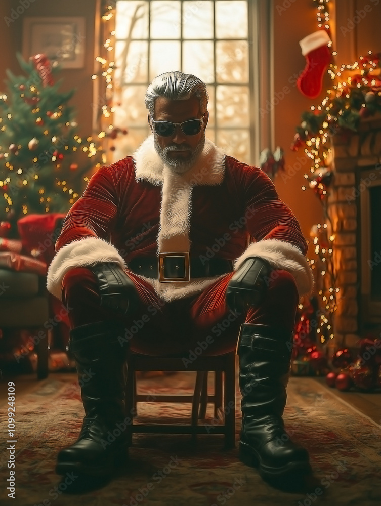 Obraz premium a formidable man in a Santa costume, sitting on a sturdy wooden chair in a dimly lit living room decorated with twinkling fairy lights and Christmas ornaments. 
