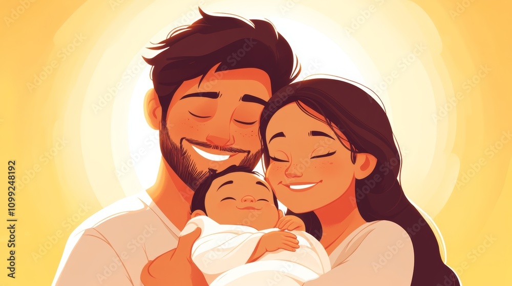 Obraz premium A happy young Hispanic family embraces their newborn baby. Warm, golden light enhances the tender moment.