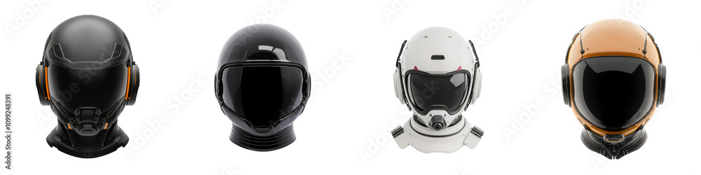 Fototapeta premium Safety helmet protection, A row of diverse helmets showcasing different designs and colors, symbolizing protection and innovation in various fields.