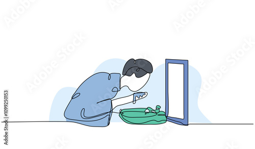 Vector illustration of a man is washing his face in the sink. Modern flat in continuous line style.