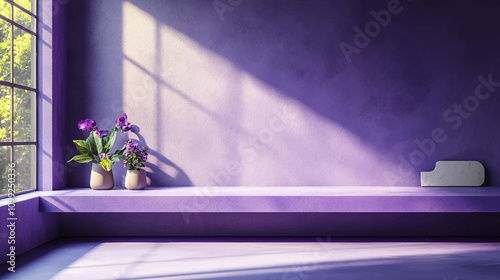 3D room studio with tabletop. Floor and wall with empty purple podium. Overlay of shadow from the window onto the tabletop. Bright violet kitchen mockup with counter top showcase illustration.