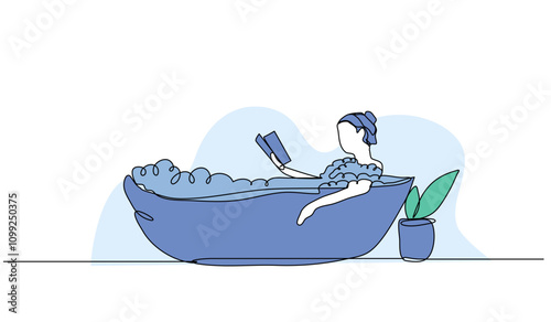 Vector illustration of a woman is soaking in the bathtub while reading a book. Modern flat in continuous line style.