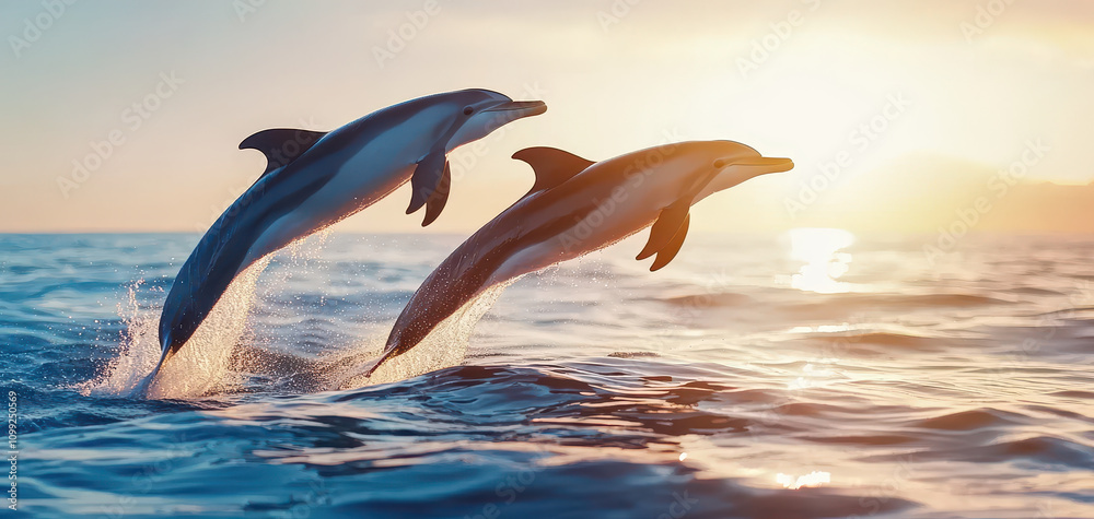 Fototapeta premium Dolphins leaping out of ocean at sunset, creating joyful scene. Their graceful movements and shimmering water capture beauty of nature