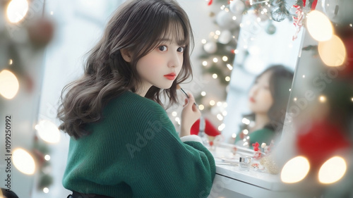 Young Asian woman sitting at a vanity, applying her makeup as she prepares for a Christmas party.  photo