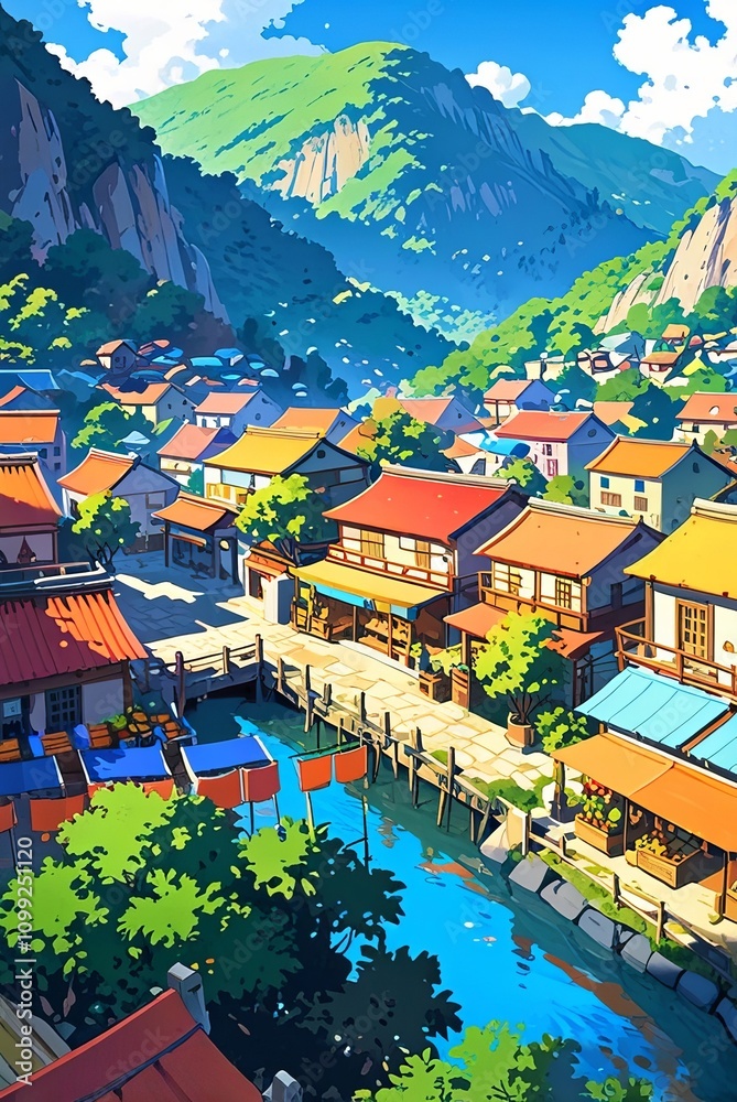 Fototapeta premium Anime style Japanese village , Japanese village ,anime style painting ai gen