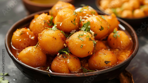 Mouthwatering gol gappay filled with tangy tamarind water, chickpeas, potatoes, and spices, served as a popular street snack. photo