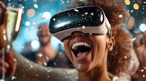 Futuristic festive party celebration with diverse crowd virtual reality experience vibrant atmosphere joyful moments innovative technology photo