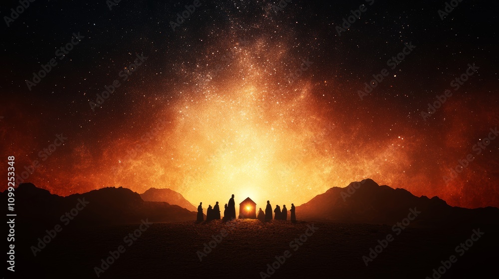 Fototapeta premium Silhouetted figures gather before a small structure under a fiery, starlit sky. A scene of wonder and awe.