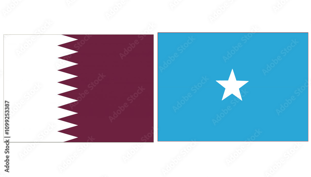 Obraz premium Qatar national flag with Somalia Official flag, both countries flags are in Horizontal shape and isolated on white background. Rectangular colorful design Flag with together