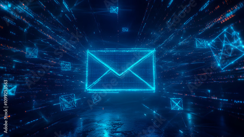 Futuristic Digital Email Concept with Glowing Neon Envelope Surrounded by Data Streams and Network Connections in a Dark Environment
