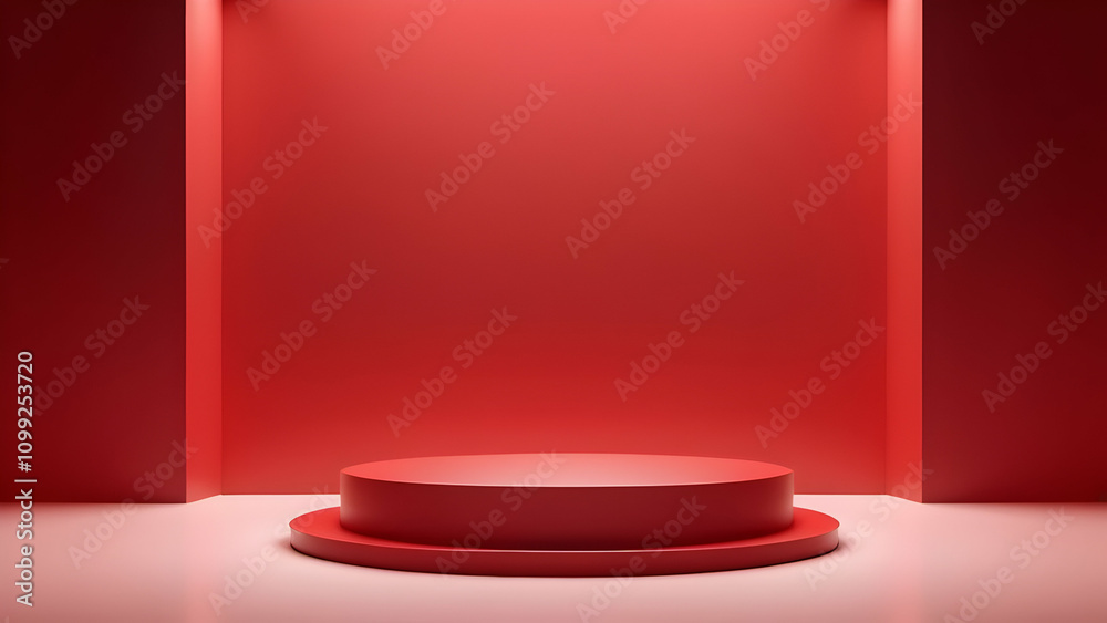 Fototapeta premium Minimalistic 3D red podium against a sleek red gradient backdrop, perfect for advertising and promotional designs.