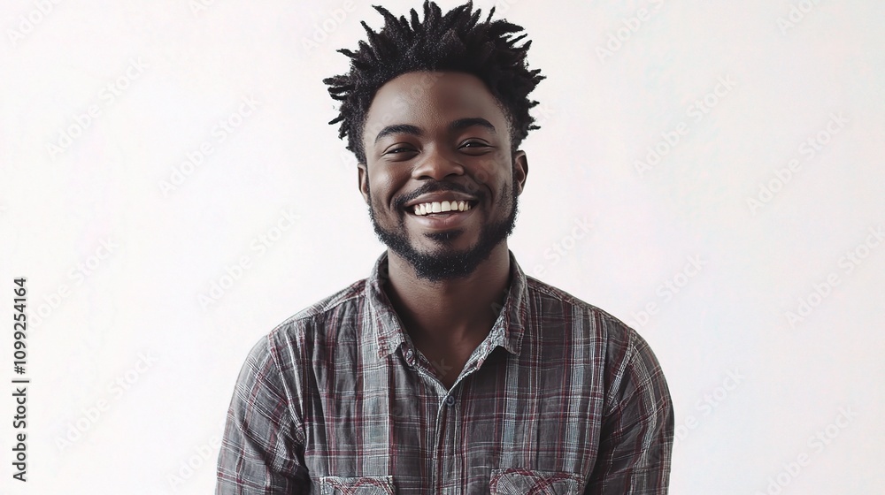 Obraz premium Happy Dark Skinned Male Smiling Against Light Background