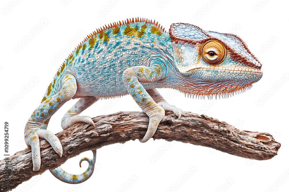 Obraz premium A vibrant chameleon perched on a branch, showcasing its colorful scales.