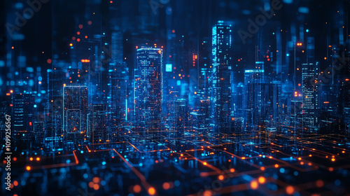 Smart city on a dark blue background, featuring intelligent infrastructure and connected buildings. This futuristic cityscape showcases IoT, 5G and AI integration network.