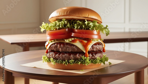 Delicious Cheeseburger with Lettuce an Tomato on Wooen Boar
 photo