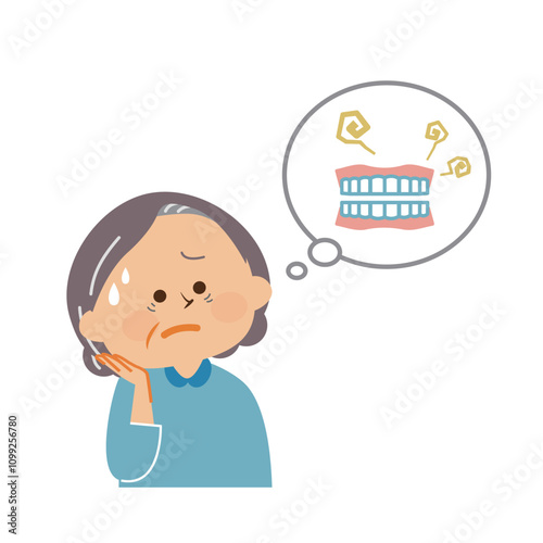 義歯　入れ歯　悩むシニア女性　かわいいイラスト