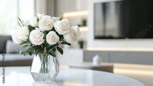 A modern frosted glass vase with sleek geometric shapes, filled with white roses, placed in a minimalist home interio photo