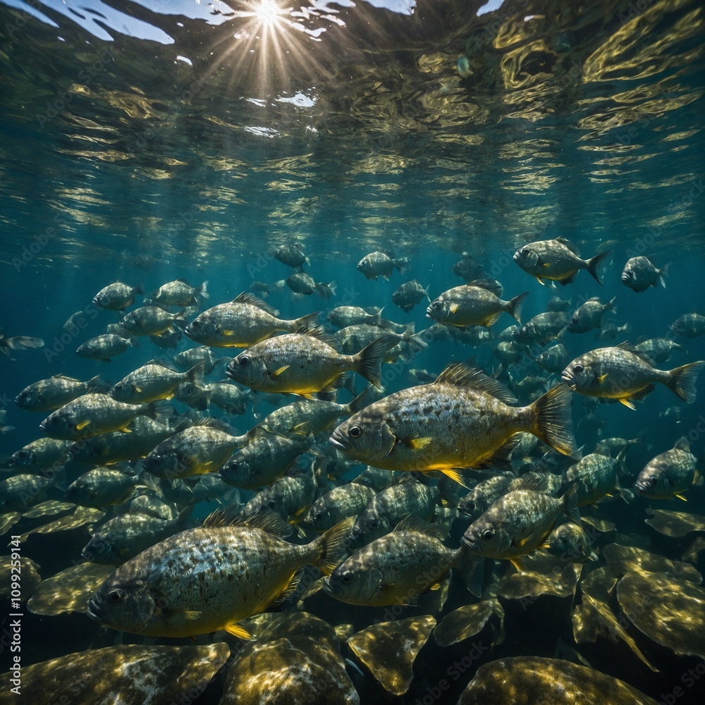 Naklejka premium A shimmering school of piranhas in a crystal-clear Amazon river.